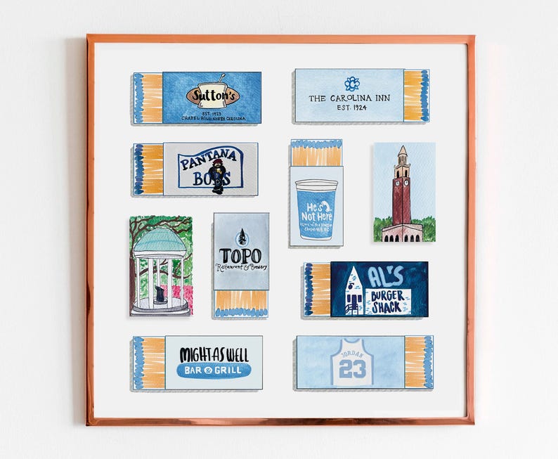 May include: A collection of nine matchbox-style illustrations featuring various businesses and landmarks in a blue and white color scheme. The illustrations include a bar and grill, a burger shack, a restaurant, a hotel, a college building, a gazebo, and a basketball jersey.