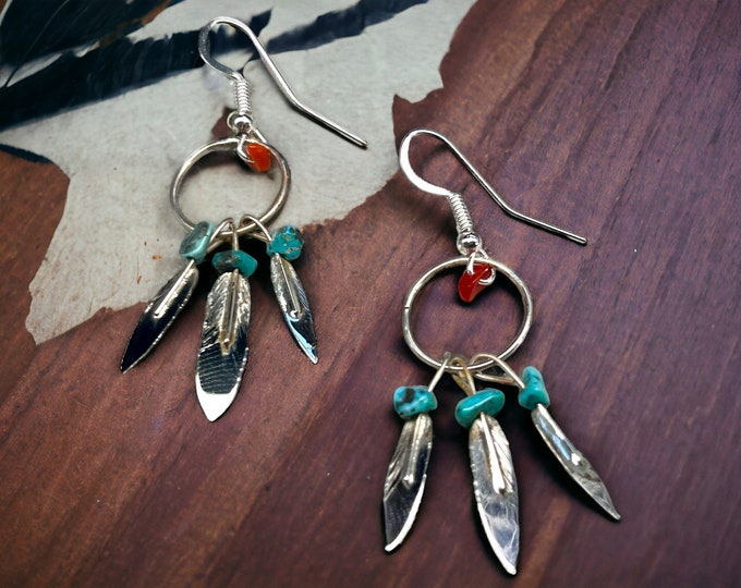 1/2” X 1 1/2" Navajo Native American Made - Earrings - Turquoise, Coral and Sterling Silver - Western Blosoom Jewelry, Wedding or Birthday!