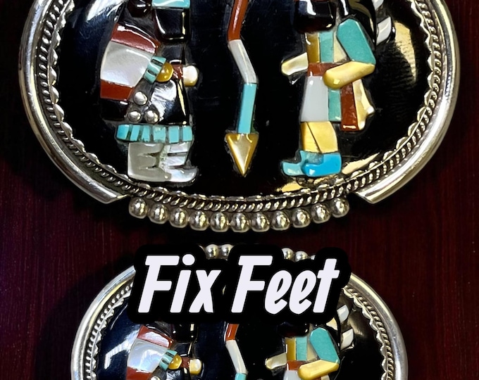 Example of Repaired Native American Raised Inlay Zuni Beverly Estate Belt Buckle with 2 new shoes! Please request a Quote before purchasing.