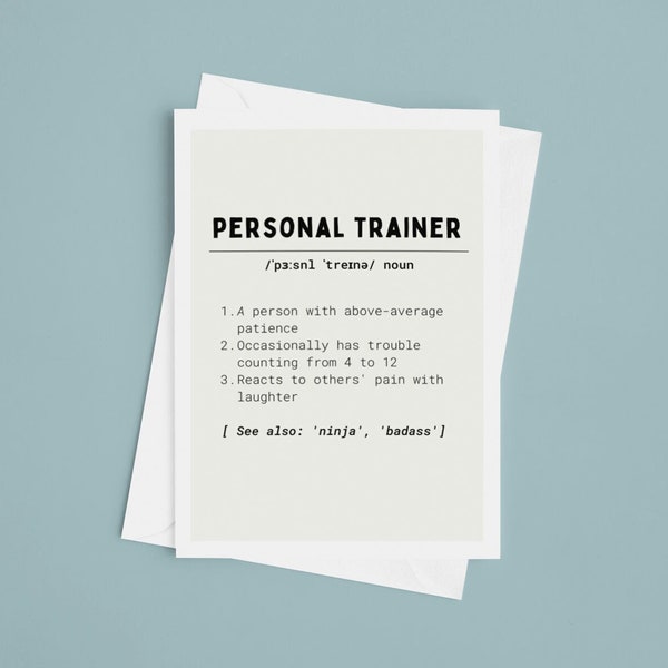 Personal Trainer Card, Dictionary Fitness Card, Trainer Thank You, Personal Trainer Birthday Card, PT Card, Gym Gift, Gym Birthday Card