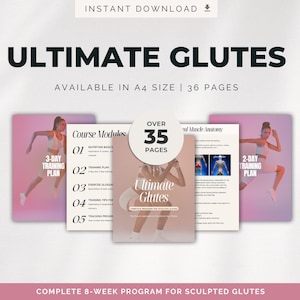 Op de afbeelding: Een digitale download met de titel "ULTIMATE GLUTES" met een roze en wit ontwerp. De omslag toont een vrouw in sportkleding. Het product bevat een compleet 8-weekse programma voor gebeeldhouwde billen, met meer dan 35 pagina's.
