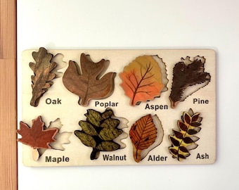 Woodland Leaf Identification Puzzle | Montessori Fine Motor Wooden Board | Handcrafted Wood Nature Toy | Fall Learning Gift for Kids