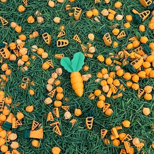 May include: A vibrant, close-up shot of a sensory bin filled with green, grass-like material, scattered with orange carrot-shaped and triangular pieces, and small, round, tan-colored objects. A single, large carrot with green leaves is in the center.