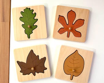 Wooden Leaf Puzzles | Fall Harvest Ressources | Montessori Nature Toy | Educational Toddler Activity | Fine Motor Skills | Preschool Tools