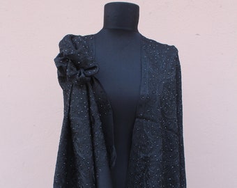 Black Embroidered Cashmere Scarf, Evening Shawl, Shawl Wrap, Sequined Scarf, Scarf Women Winter, Wedding Scarf, Gift her, Wrap, Black Shawl