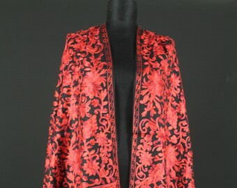 Bloemensjaal voor vrouwen, geborduurde sjaal, rood zwarte sjaal, wollen sjaal, omslagdoek, bruiloftsjaal, damessjaal, wol geborduurd, omslagdoek, cadeau