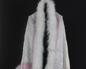 Scarf with Faux Fur, White Faux Fur Scarves, Wool Blend white Shawl, Shawl with Fur, Winter Wool Shawl, Wedding shawl, Winter Fur Scarf,