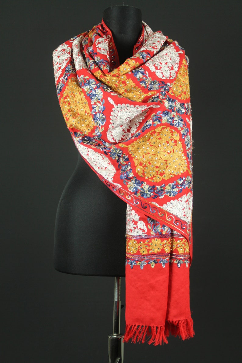 Embroidered Kashmiri Scarf Sequined Handmade Shawl Cashmere Etsy