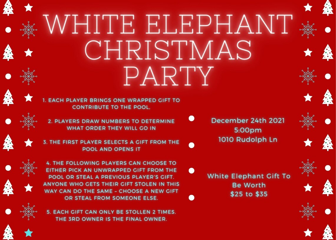 White Elephant Christmas Party Invitation Printable Etsy