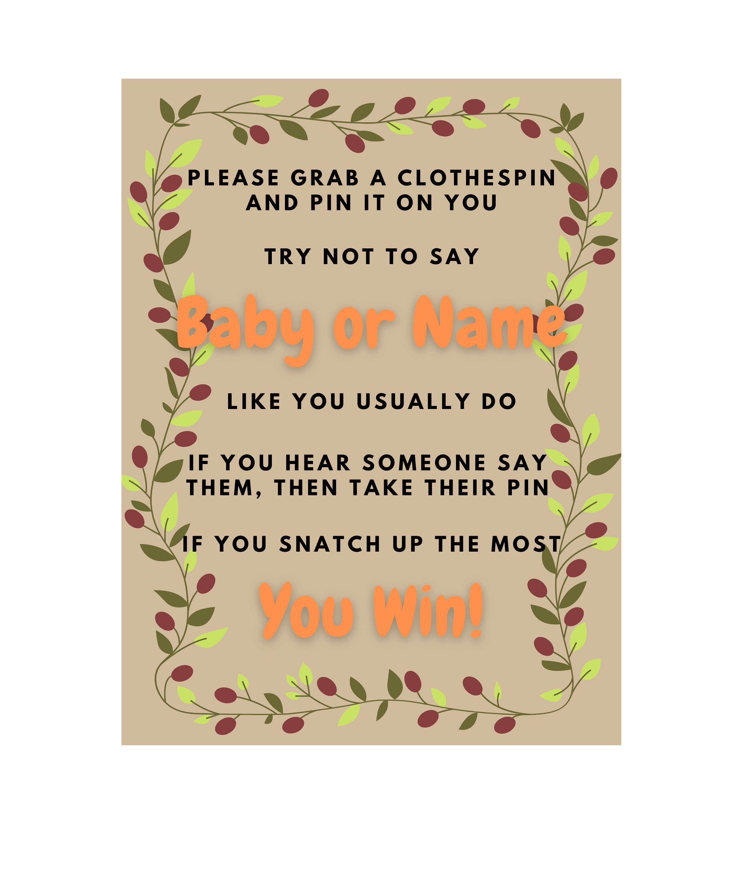 Clothespin Baby Shower Game * Printable * Name Game * Digital Download ...