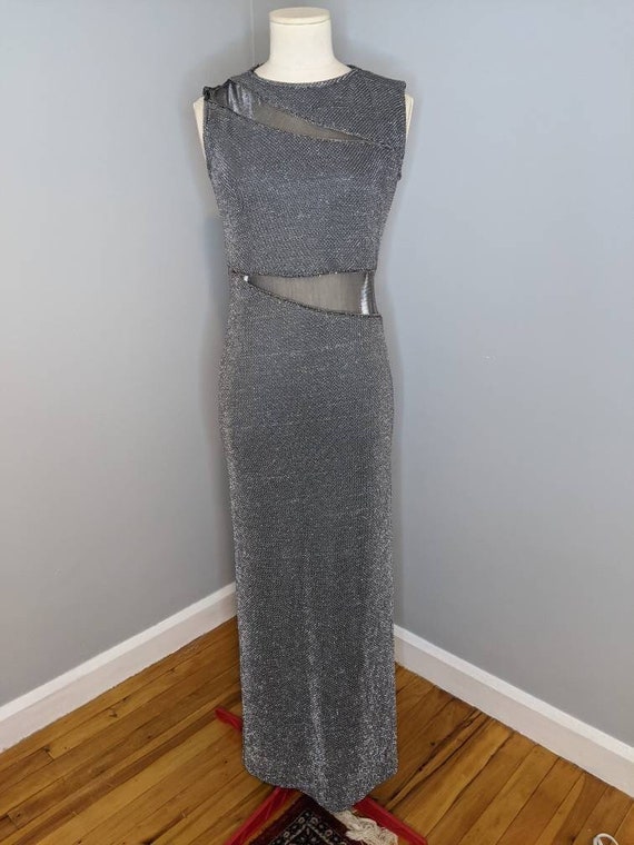 Metallic Silver Dress with Mesh Cutouts - image 1