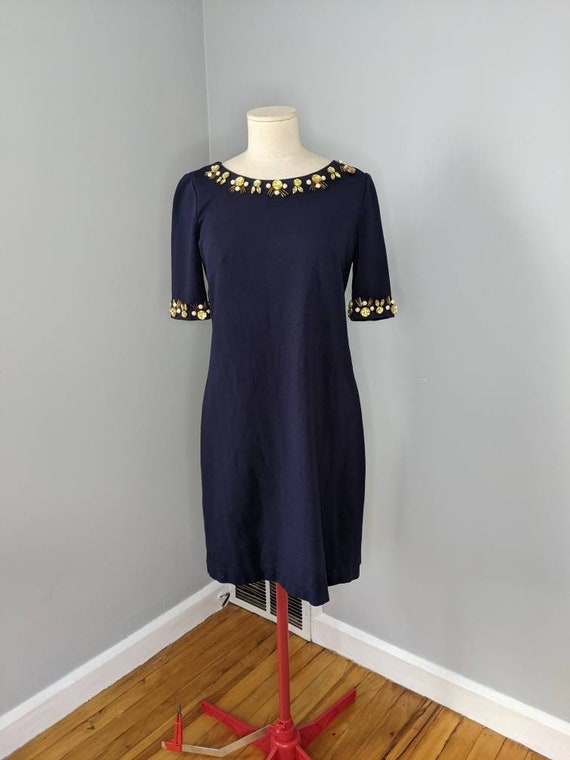 Dark Blue Shift Dress with Beaded gems by Eliza J