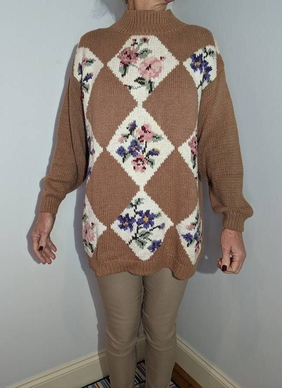 Hand knit beige floral sweater