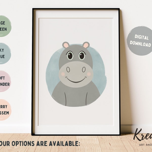 Printable Hippo Illustration, Safari Baby Animal Nursery Décor, Boho Kids Room Wall Art, Fun Minimal Play Room Posters ,DIGITAL DOWNLOAD