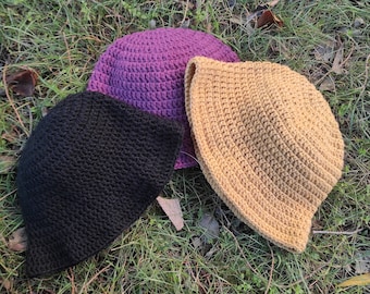 Handmade Crochet Bucket Hat, Women's Wool Winter Hat, Crochet Beanie, Knitting Beanie, Yellow Black  Purple Crochet Hat