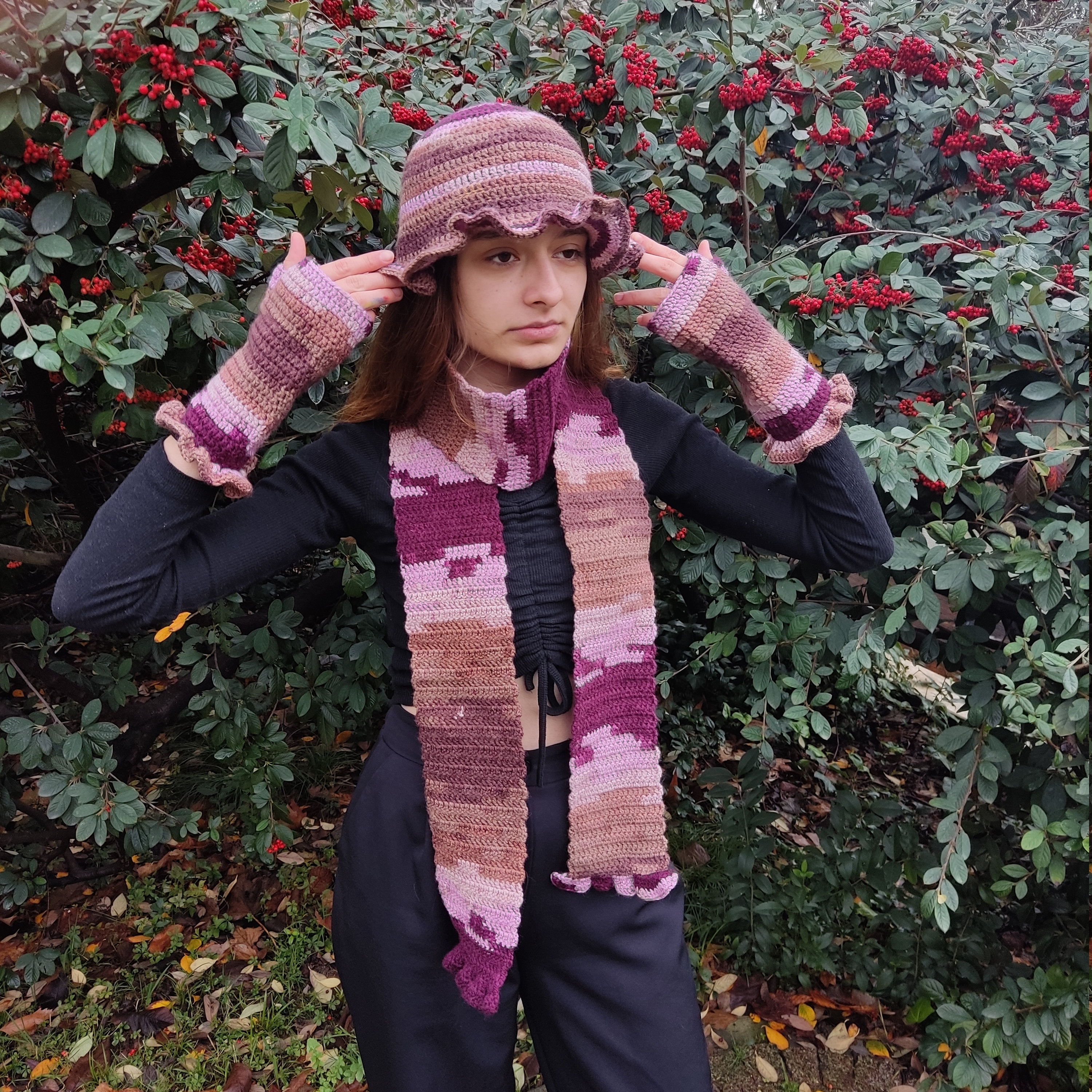 Handmade Crochet Knit Bucket Hat and Scarf‎ Set Women Multicolored Pastel Boho Crochet Bucket Hat for Women Knit Beanies Cap Handmade  main image 3