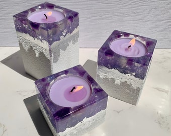 Set of 3 tealight holders made of resin x concrete purple lilac with amethyst tumbled stones /candle/gift/epoxy resin /candle holder/handmade