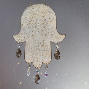 Resin hamsa with wall mount Fatima&#39;s hand white beige gold glitter glass crystals decoration/gift/epoxy resin/handmade /Ramadan art