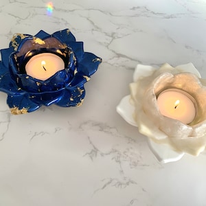 Lotus blossom tealight holder dark blue white cream resin glitter/ decoration /candle /gift/ epoxy resin / candle holder handmade