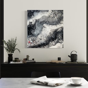 Resin abstract wall picture 40 x 40 cm black white silver painting / wall decoration / crystals / geode art / epoxy resin / canvas art