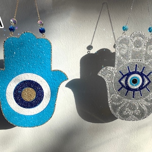 Resin crystal hamsa wall decoration Fatima&#39;s hand blue silver gold druzy with glass crystals / evil eye /nazar /epoxy resin/handmade /Ramadan