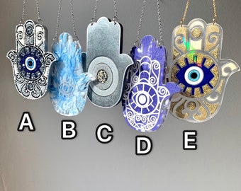 Resin Hamsa Fatima&#39;s hand / evil eye wall decoration Nazar Boncuk / gift / epoxy resin / handmade / suncatcher vinyl sticker /holographic