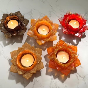 Lotus Blüte Teelichthalter orange rot braun apricot Resin Glitzer/ Dekoration/candle /Geschenk/ Epoxidharz / Kerzenhalter handgemacht