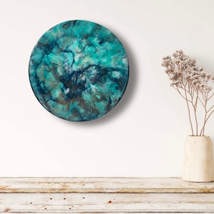 Resin wall picture round 30 cm petrol mint green gold painting / wall decoration / handmade art / epoxy / epoxy resin / canvas picture