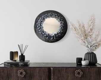 Espejo de resina 30 cm piedras de brillo negro decoración de pared / cristales / resina epoxi / obras de arte hechas a mano