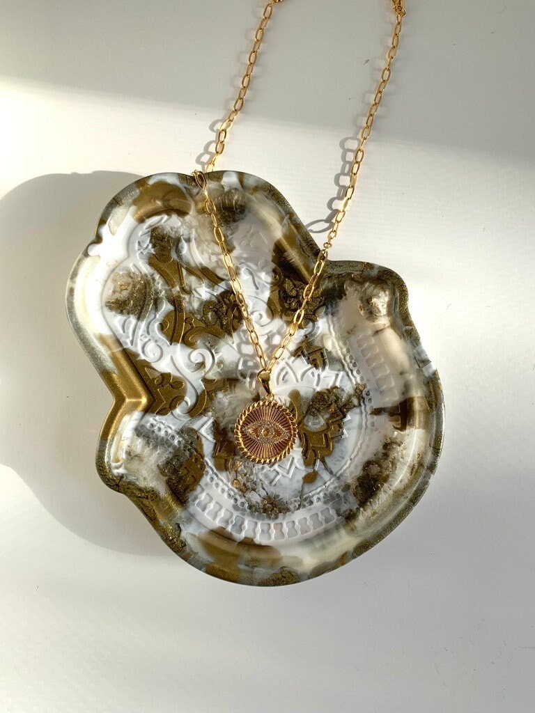 Hamsa bowl / Fatima's hand / Evil Eye / gold white Nazar Boncuk / jewelry tray / resin / eye / gift / Ramadan / oath