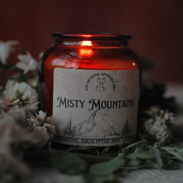 Misty Mountains Lord of the Rings Hobbit Inspired Candle, Wood Wick, Tolkien's Hobbit, Fantasy Books