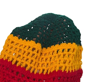 Hand Knit Ethiopian Flag Hat | Rasta Style Beanie | Red Green Yellow Crochet Cap | Handmade Habesha Knitwear | Unisex Festival Hat , small s