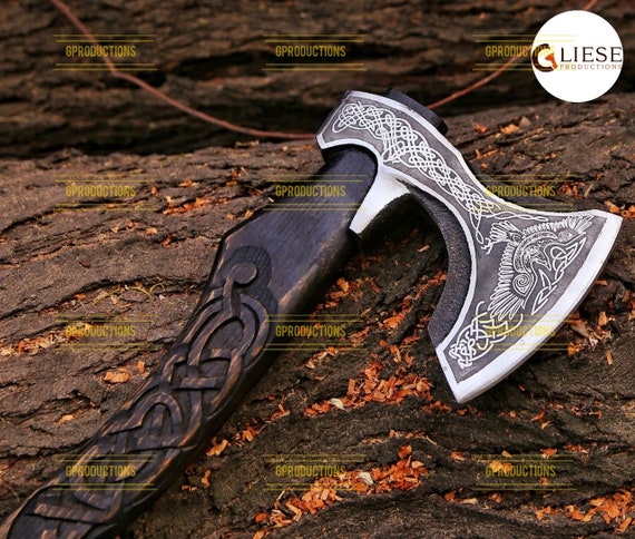 Hand Forged Viking Axe - Carved Handle with Berserkir Head