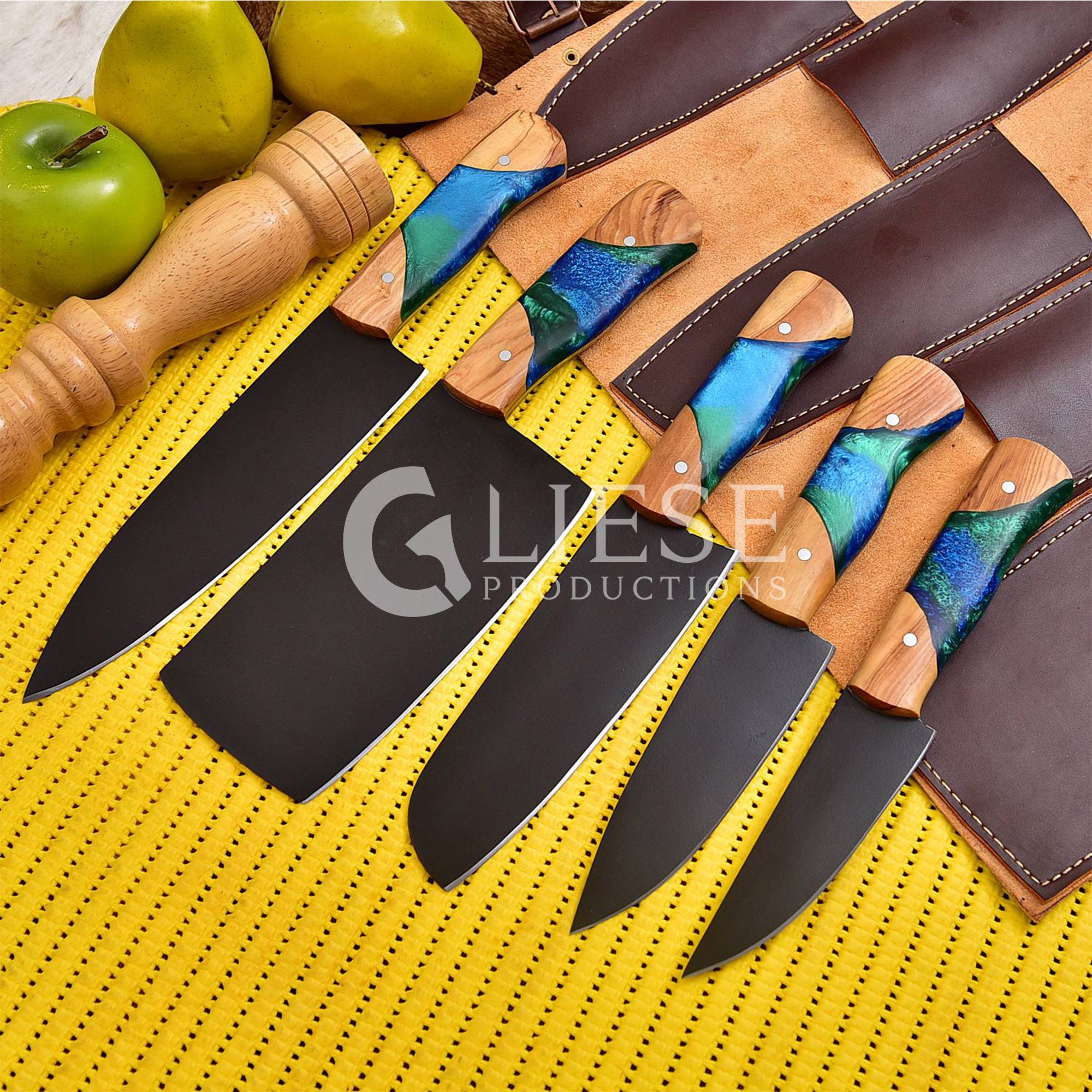 Custom Handmade Carbon Steel Powder Coated Chef Set With Leather Sheath,  Kitchen Knives Set, Damascus Steel Knives, BBQ Knives, Gift for Him 