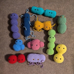 Puede incluir: Una colección de 11 juguetes de peluche tejidos a crochet con forma de diferentes tipos de bacterias. Los juguetes son de varios colores, incluyendo morado, azul, amarillo, verde, rosa y rojo.