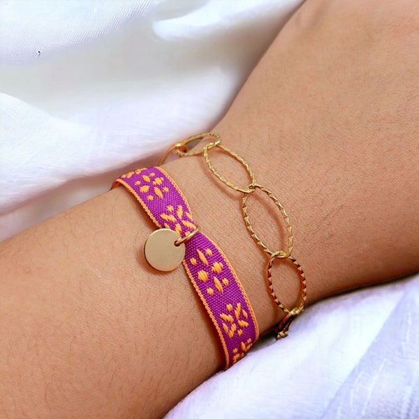 Bracelet fait main en tissu et acier inoxydable