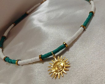 Color heishi necklace with stainless steel sun