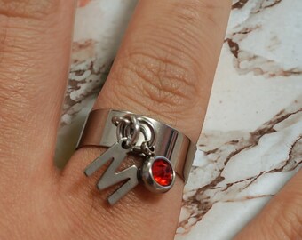 Stainless Steel Initial Ring with Zircon