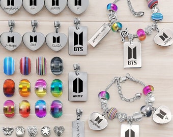 BTS DYI Charm Bracelet Set, x2 Silver Bracelets, DYI Mix & Match Charms, Kpop Bead Charm Bracelet Kit, Army Jewelry