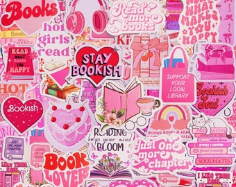 15-100pcs Pink Book Themed Stickers, High-Quality Waterproof Vinyl, Assorted Bookish Sticker Pack, Kindle, Reading, Aesthetic, Reader