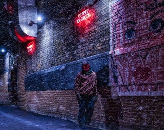 Masked Figure, Neon Mask, Dark Alley, Fantasy, Horror, Canvas, Print