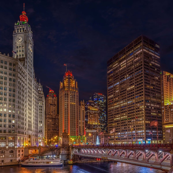 Dusable Bridge Mag Mile Chicago, Chicago Riverwalk at Night, Chicago, Illinois, River Walk Canvas Print, Photo Paper Print