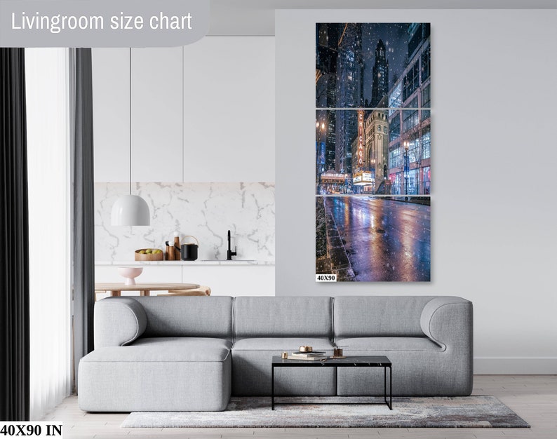 Winter Vibes Chicago, City Architecture, Urban Decor, Chicago Wall Art, Snow at night, Canvas decor Canvas(3 Panel)40x90 inches