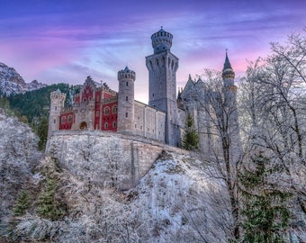 Neuschwanstein Castle, wall art decor, snow in Germany photo print, winter photography, large paper or canvas picture