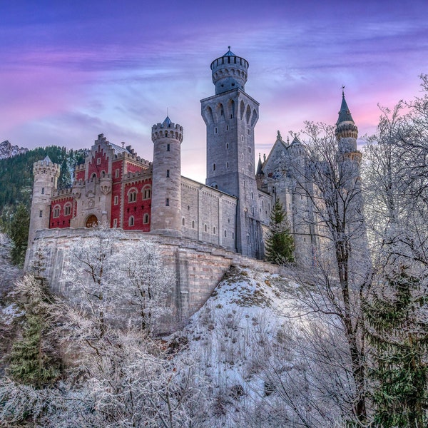 Neuschwanstein Castle, wall art decor, snow in Germany photo print, winter photography, large paper or canvas picture