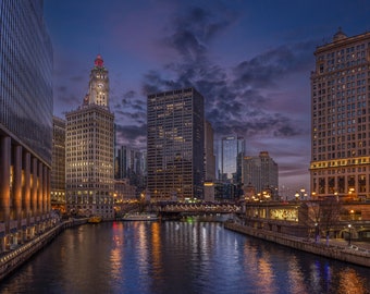 Wrigley Building Chicago, City Architecture, Urban Decor, Chicago Wall Art, Snow at night, Canvas decor, Downtown Chicago, Chicago Riverwalk