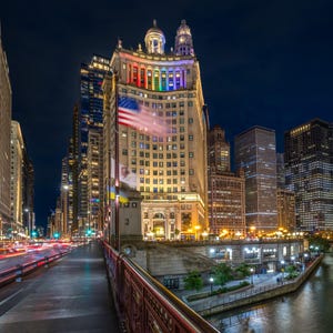 Chicago Michigan Ave., City Architecture, Urban Decor, Chicago Wall Art, Snow at night, Canvas decor, Metal Print