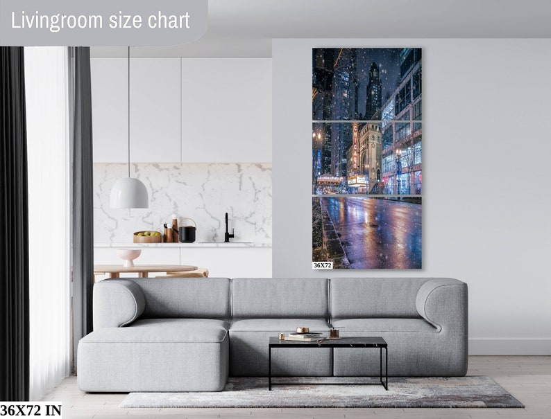 Winter Vibes Chicago, City Architecture, Urban Decor, Chicago Wall Art, Snow at night, Canvas decor Canvas(3 Panel)36x72 inches