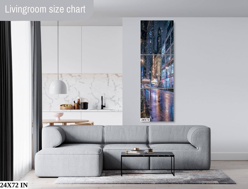 Winter Vibes Chicago, City Architecture, Urban Decor, Chicago Wall Art, Snow at night, Canvas decor Canvas(3 Panel)24x72 inches