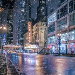 Winter Vibes Chicago, City Architektur, Urban Dekor, Chicago Wandkunst, Schnee bei Nacht, Leinwanddekor, Bild 2